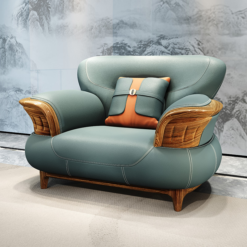 新中式现代简约乌金木真皮沙发奢华别墅家具客厅全实木皮艺沙发