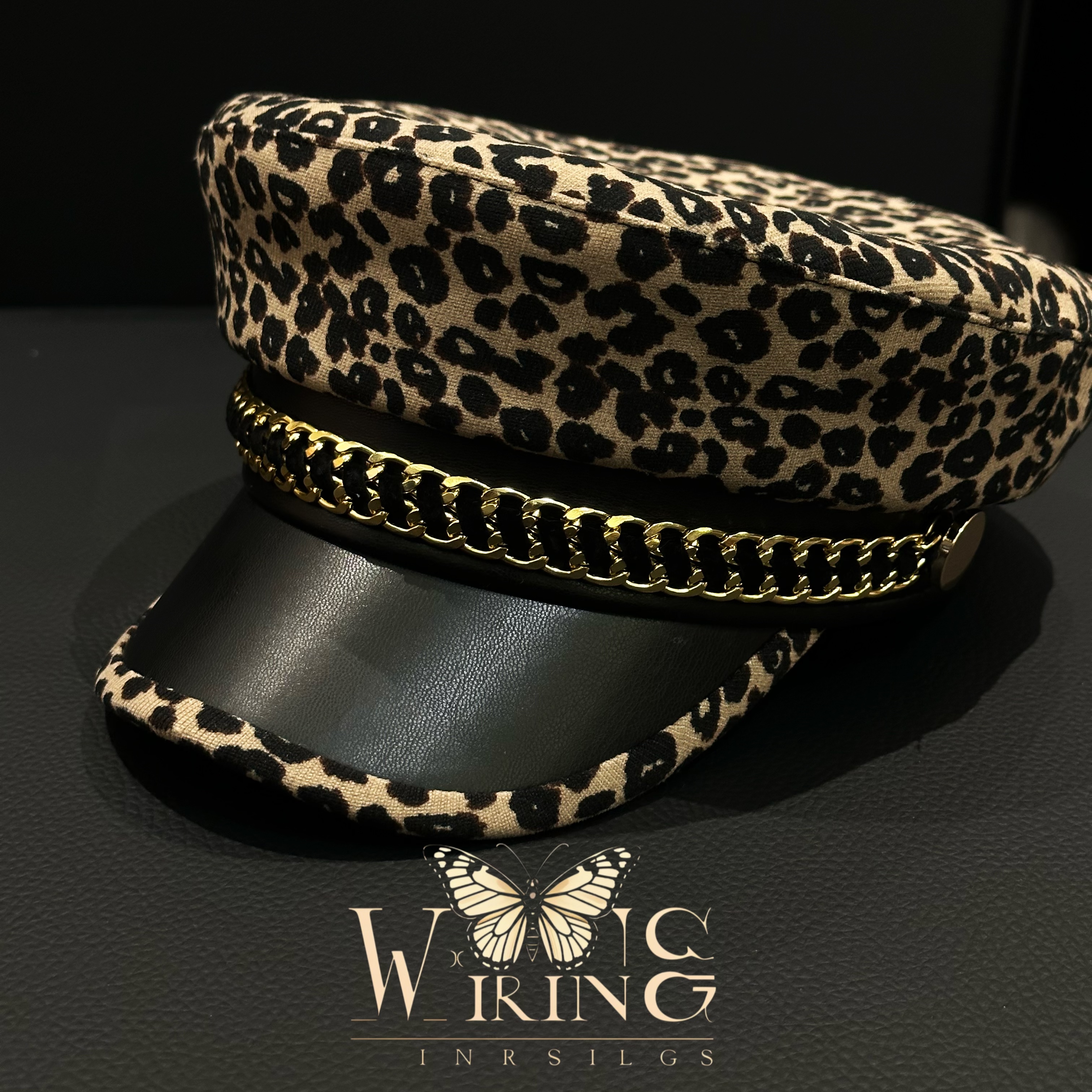 王大嘴原创 “黄豹金链”欧美风棕色豹纹链条军帽M015