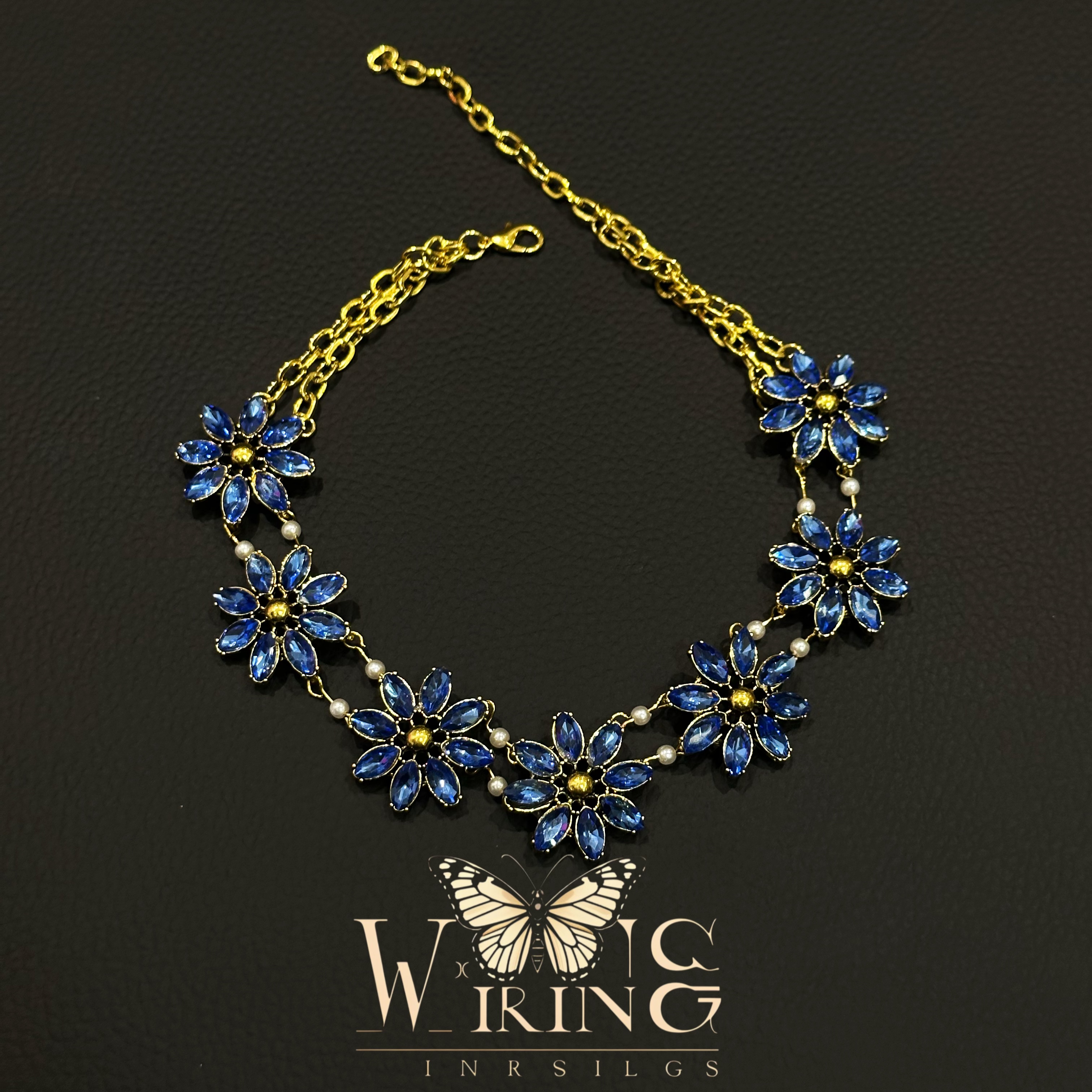 铜合金项链 王大嘴原创 “蓝花古金”中古蓝色锆石花朵项链A001