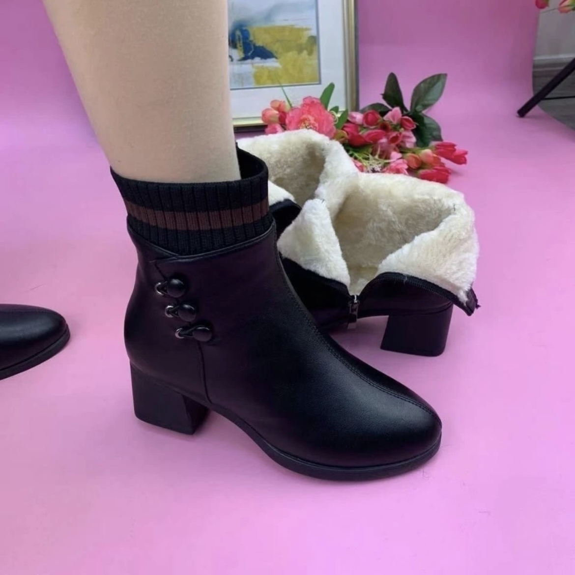 秋冬加绒加厚保暖百搭中跟弹力高帮时尚女士棉鞋