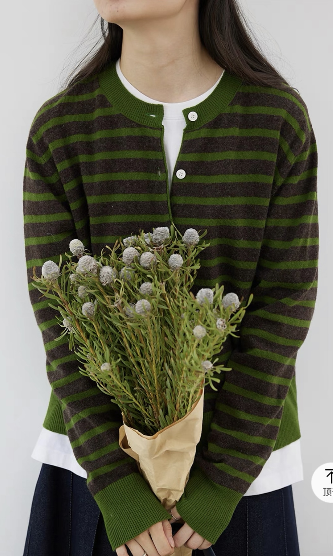 /东竹绿/条纹圆领撞色软糯针织衫长袖女外搭开衫上衣93352