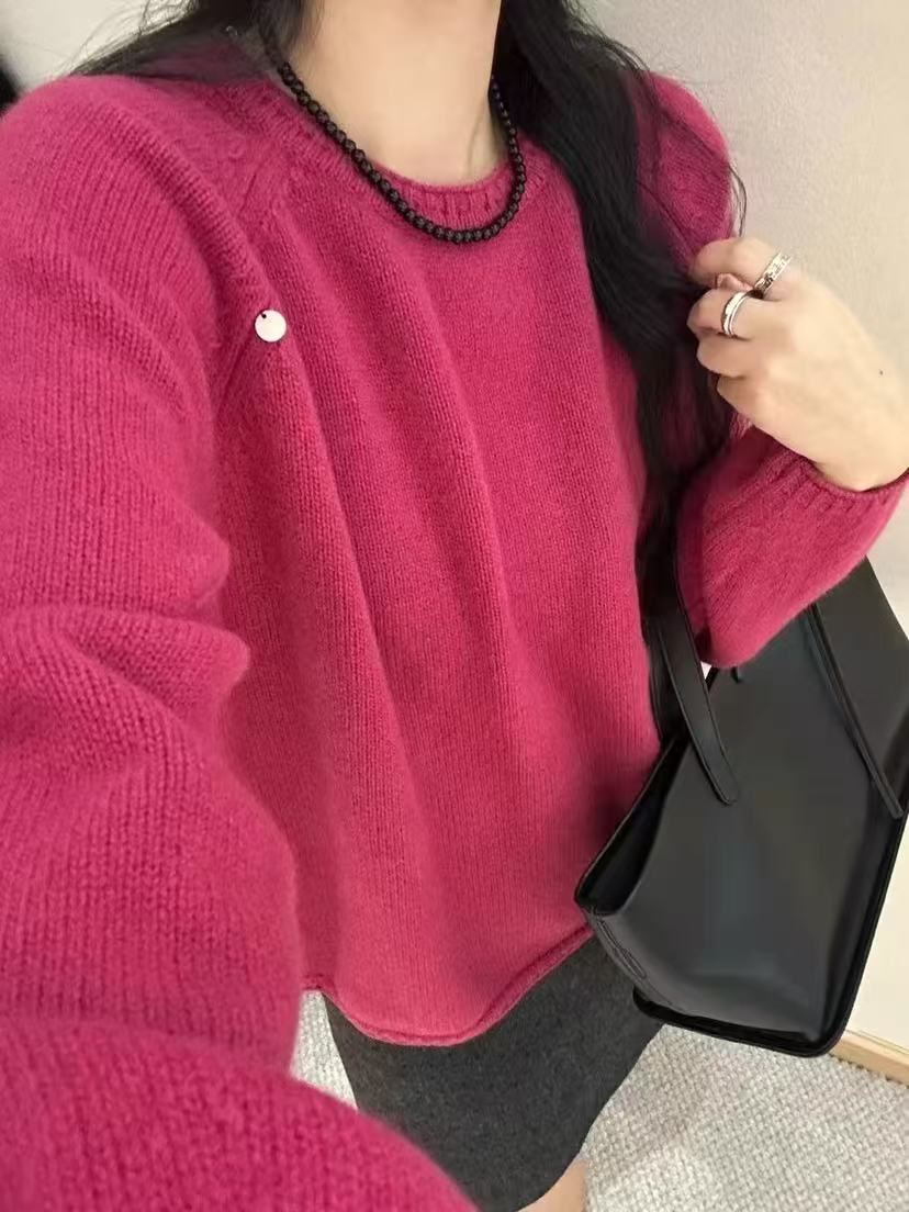 /银片玫粉套头/纯色灯笼袖软糯针织衫显瘦慵懒风百搭毛衣女CM103