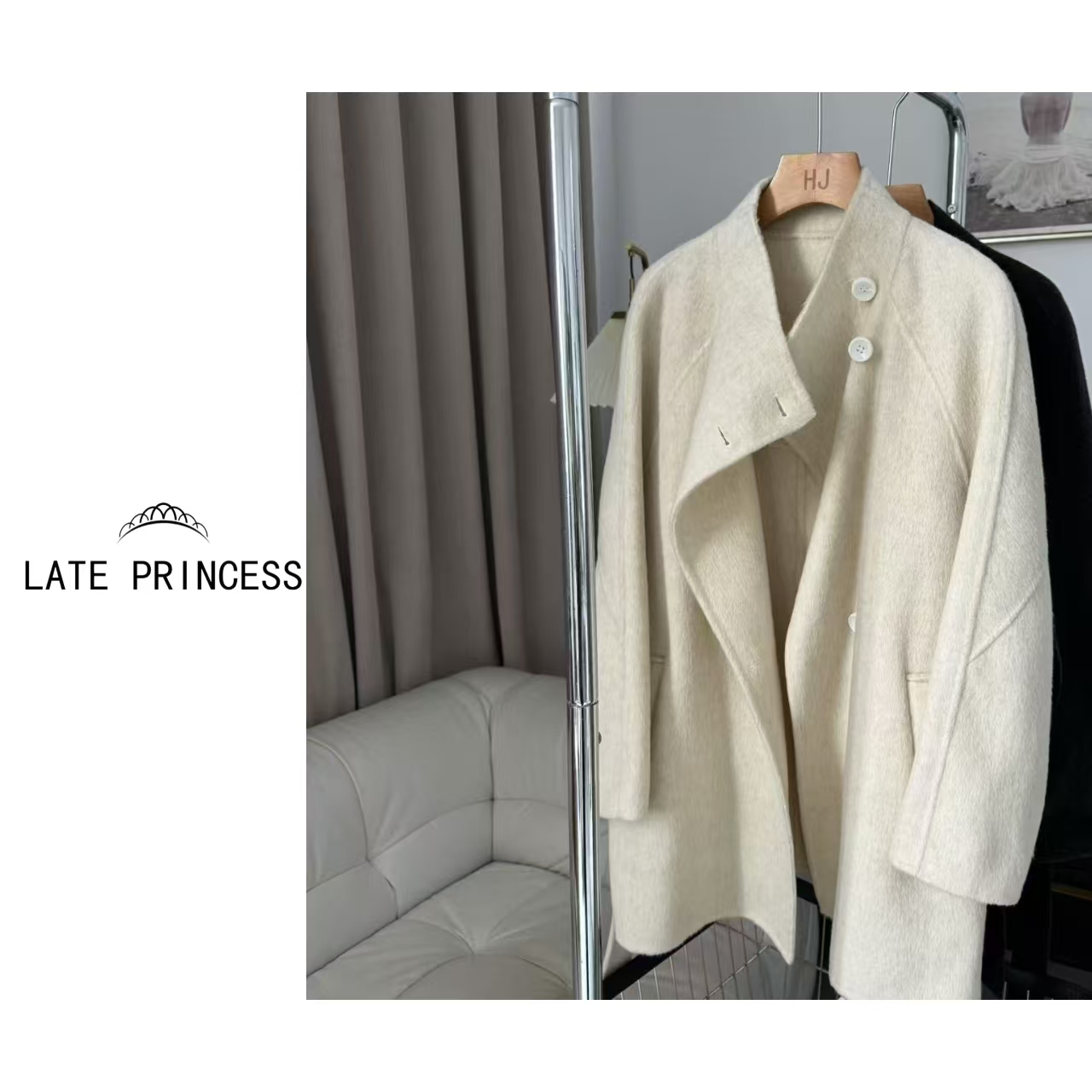 LATE PRINCESS 【莫妮卡】冬装爆款气质立领系带中长款双面呢大衣