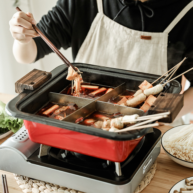 搪瓷珐琅火锅方形带隔档家用商用大容量火锅电磁炉通用专用卡式炉