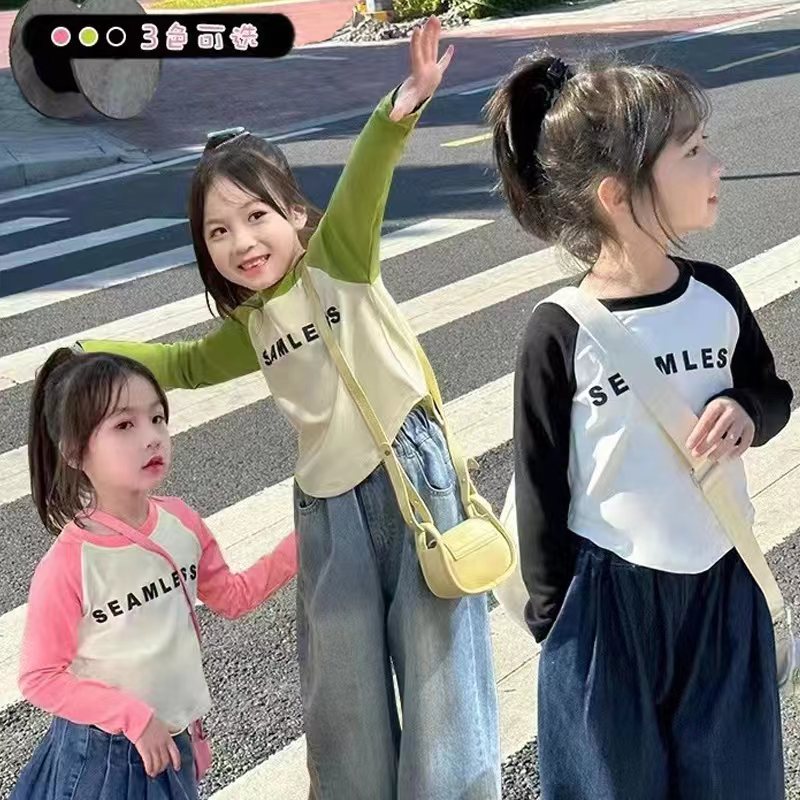 萌娃国庆穿搭女童洋气长袖打底儿童春秋时尚T恤辣妹韩版上衣秋装