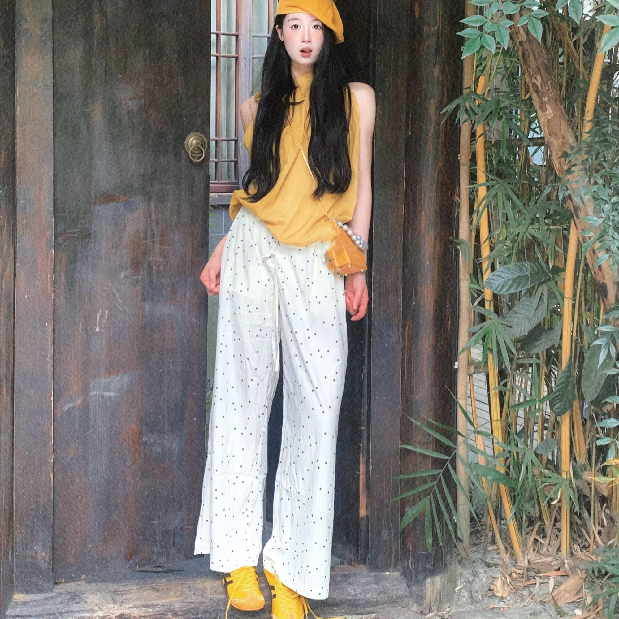 法式纯欲风蝴蝶结纯色系带挂脖背心衬衫女波点阔腿裤休闲两件套