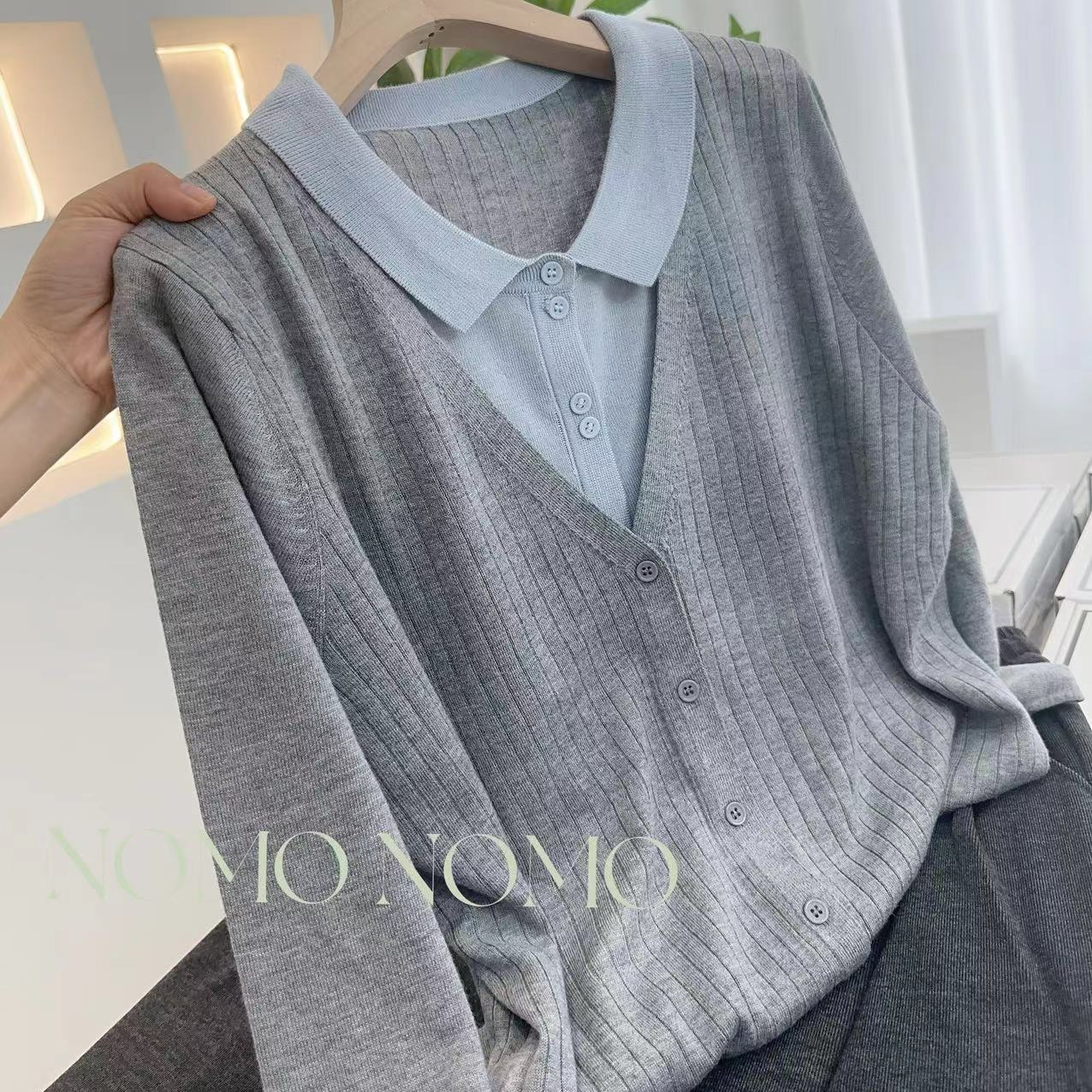 【维多利亚~灰蓝】2025新款假两件百搭韩系时尚针织衫A090