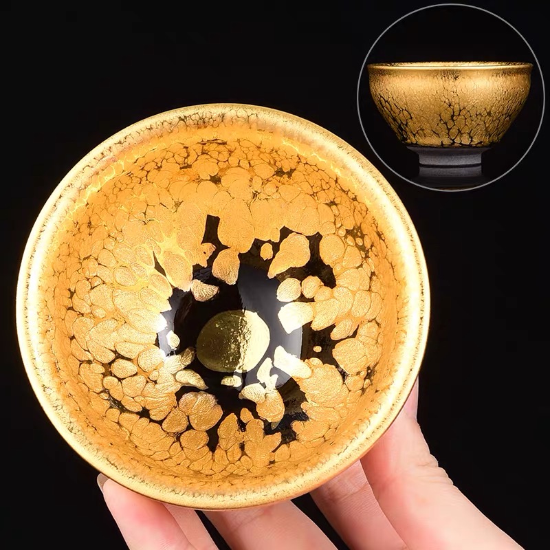 手工金油滴建盏茶杯家用创意送礼鎏金将军盏杯泡茶杯陶瓷单茶盏