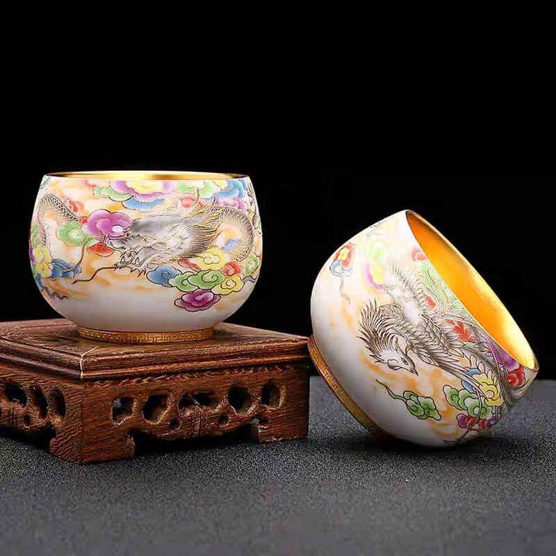 中式热销龙凤鎏金情侣主人杯茶盏名家手工德化羊脂玉瓷家用送礼品