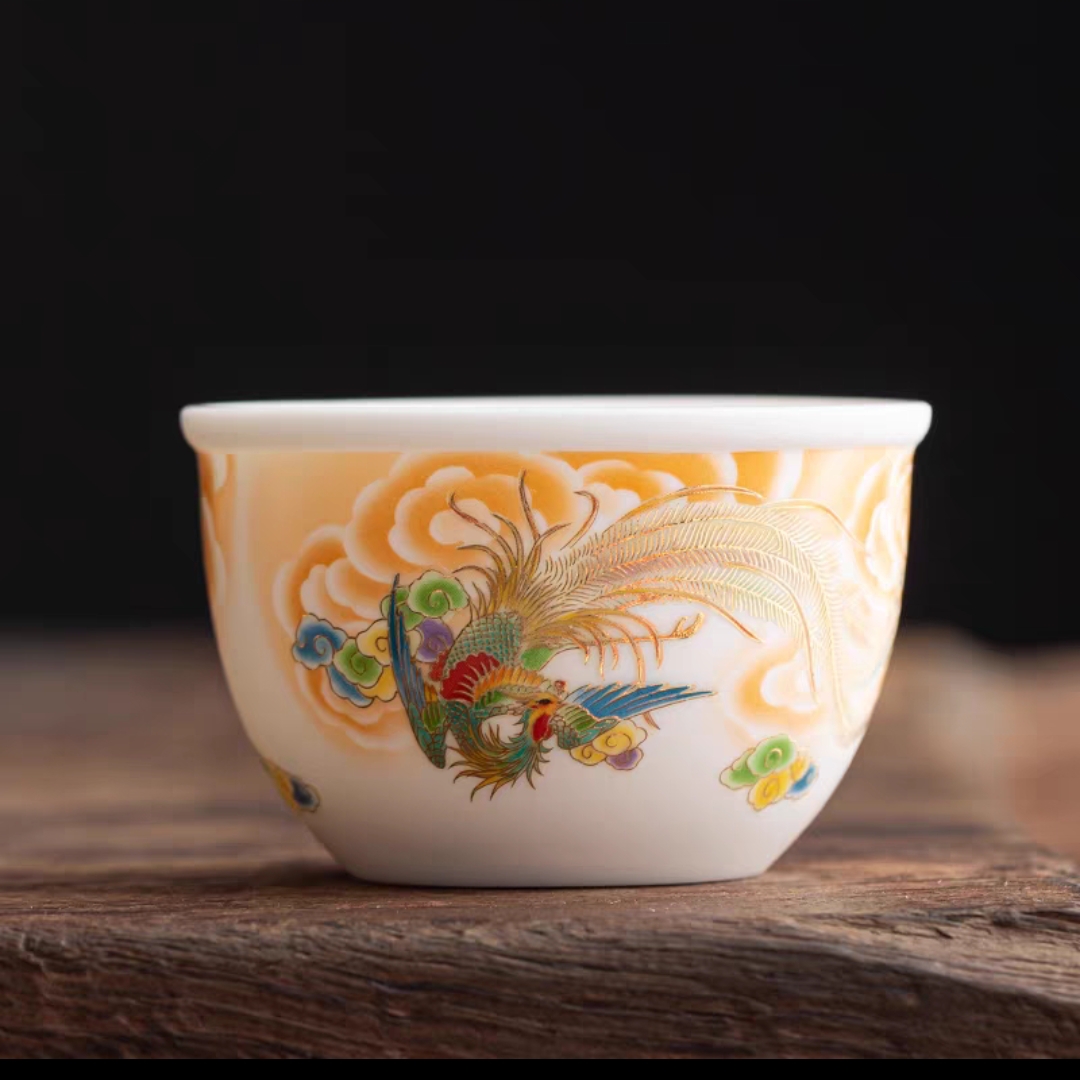 高档凤舞九天主人杯单杯功夫茶杯陶瓷品茗杯家用羊脂玉瓷压手杯