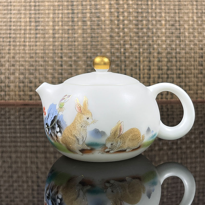 德化兔年白瓷茶具纯手工陶瓷茶壶中式家用描金手抓兔壶精美礼盒装