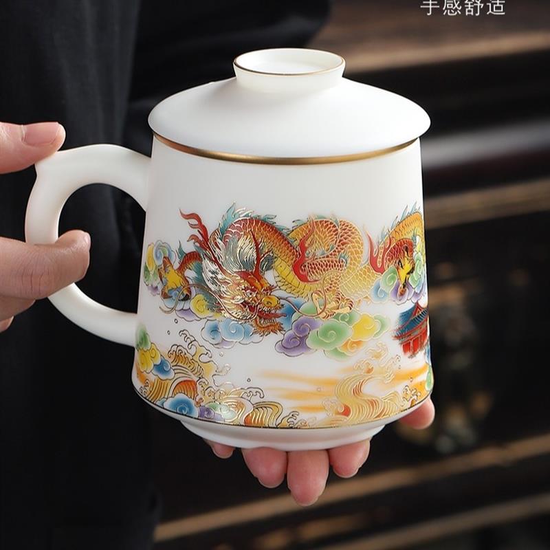 热销正品德化高档羊脂玉瓷老板龙凤办公杯马克杯带内胆礼盒装送礼