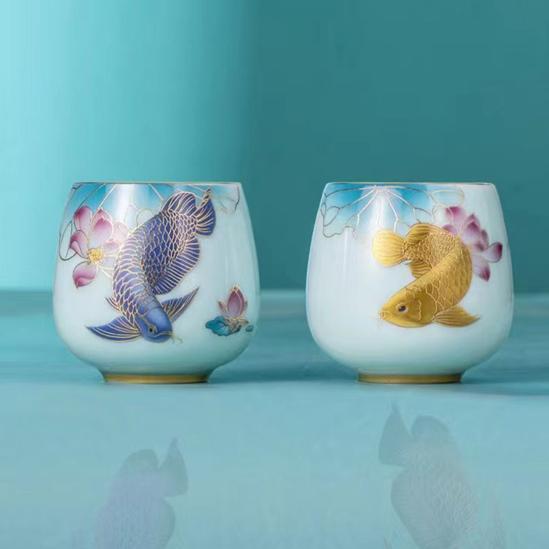 德化主人茶杯陶瓷功夫品茗杯单杯子手绘龙鱼戏荷茶杯个人伴手礼