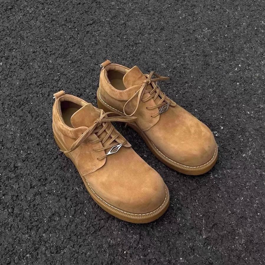 巴黎德比鞋反绒皮大头鞋男潮牌厚底米奇低帮大黄靴圆头内增高皮鞋