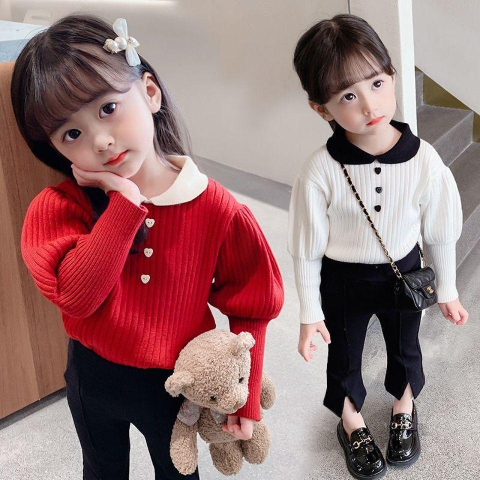女童秋冬娃娃领韩版气质领针织衫公主泡泡袖休闲小中童女上衣