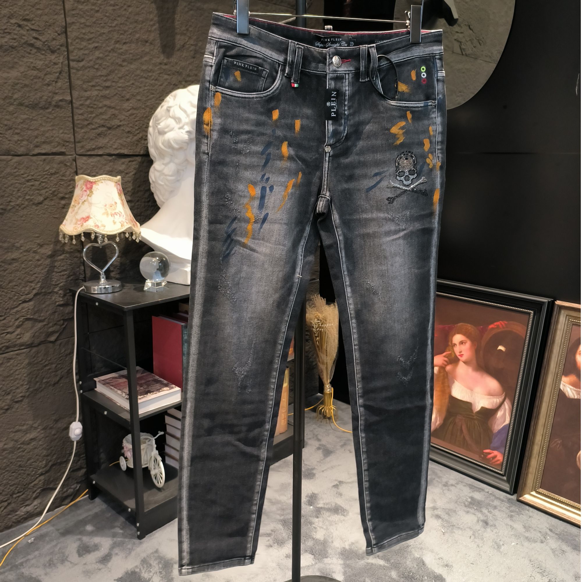 PINKPLEIN黑色骷髅头K014系列2025夏季破洞印花潮流修身直筒裤