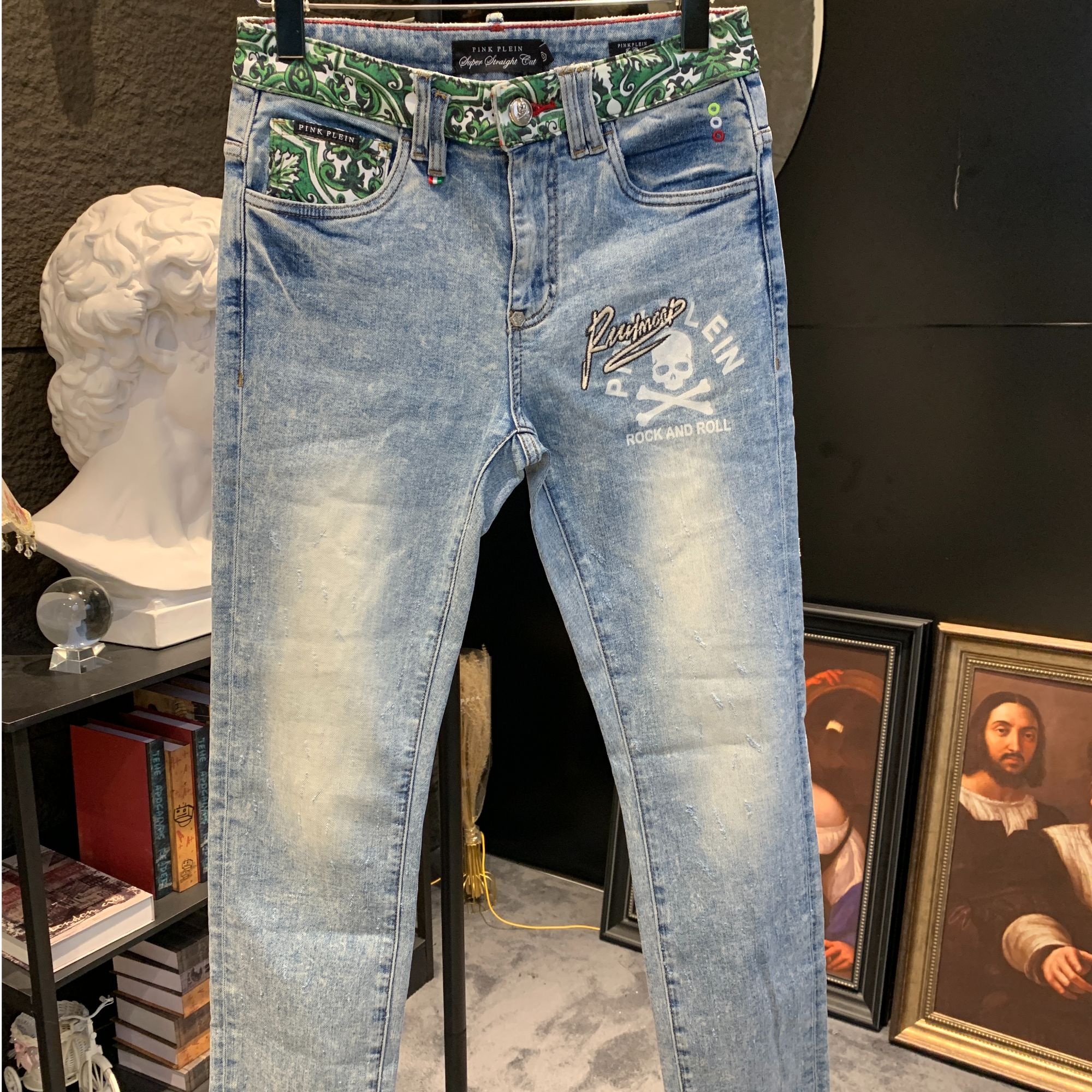 PINKPLEIN罗马K020系列腰果花PP牛仔裤2025秋冬腰果花浅蓝潮流