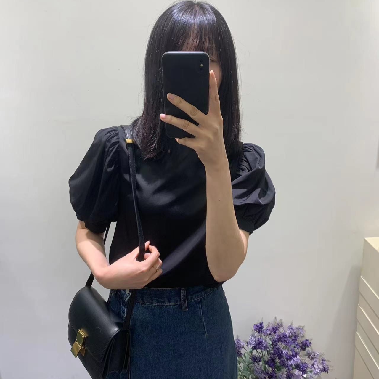 黑色泡泡袖2023春夏新款灯笼袖气质时尚百搭雪纺上衣