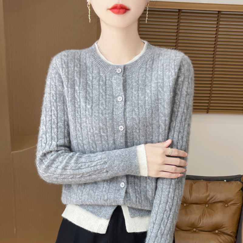 高级感~新款100%纯羊毛开衫 假两件麻花圆领毛衣百搭针织保暖外套