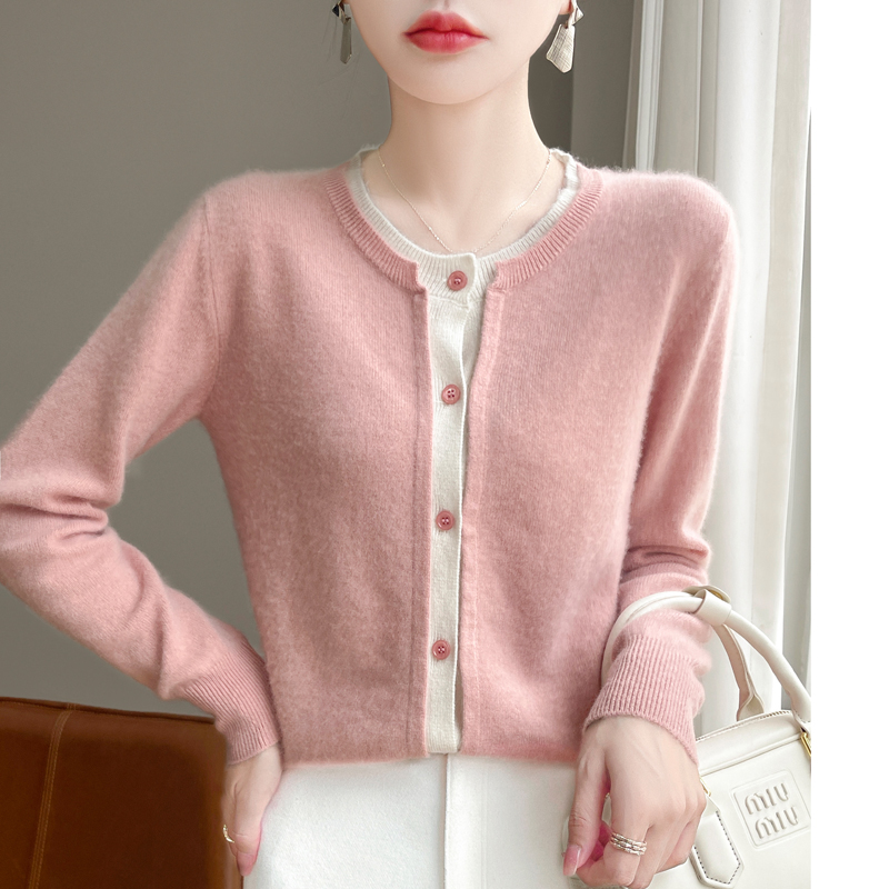 轻奢精致～圆领100%纯羊毛开衫 假两件针织毛衣女百搭保暖拼色外套