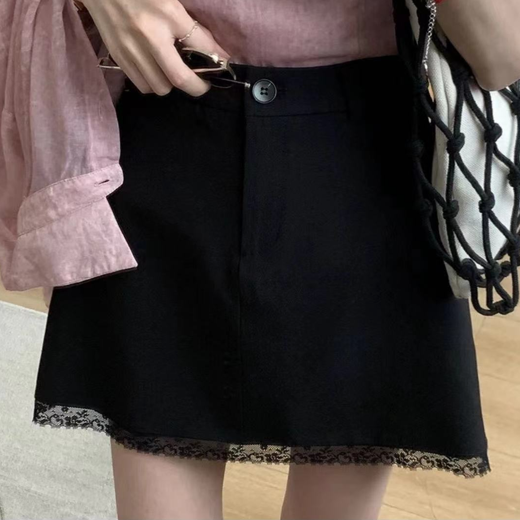 美彩家韩系花边气质百搭半裙显瘦高腰时尚休闲黑色韩版A字设计感