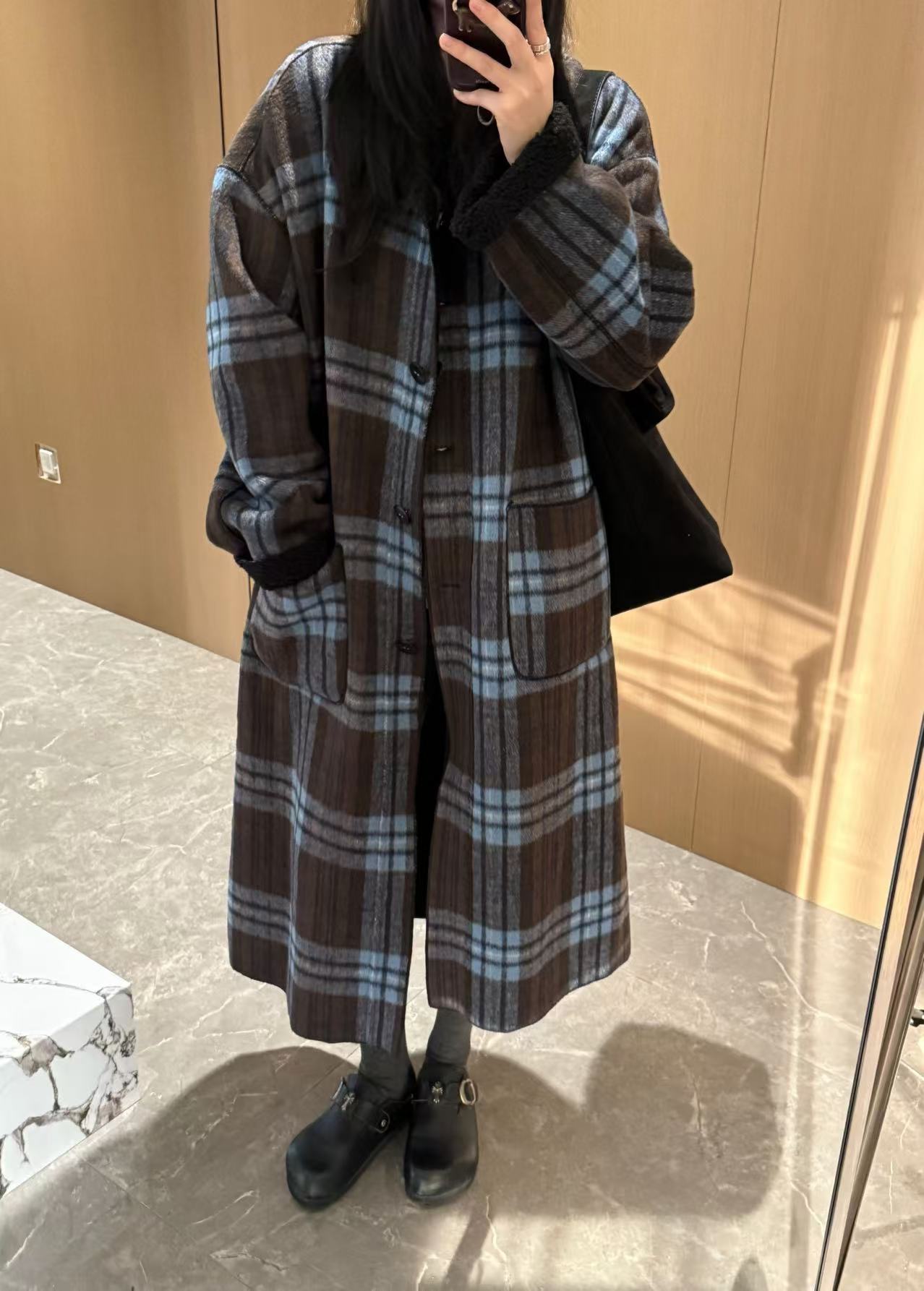 原创正反两面穿冬季新品款百搭加厚宽松版格纹外套中长款大衣