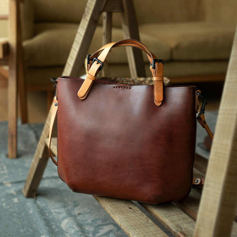 如柒头层植鞣牛皮复古通勤托特包简约百搭大容量手提单肩斜挎包女