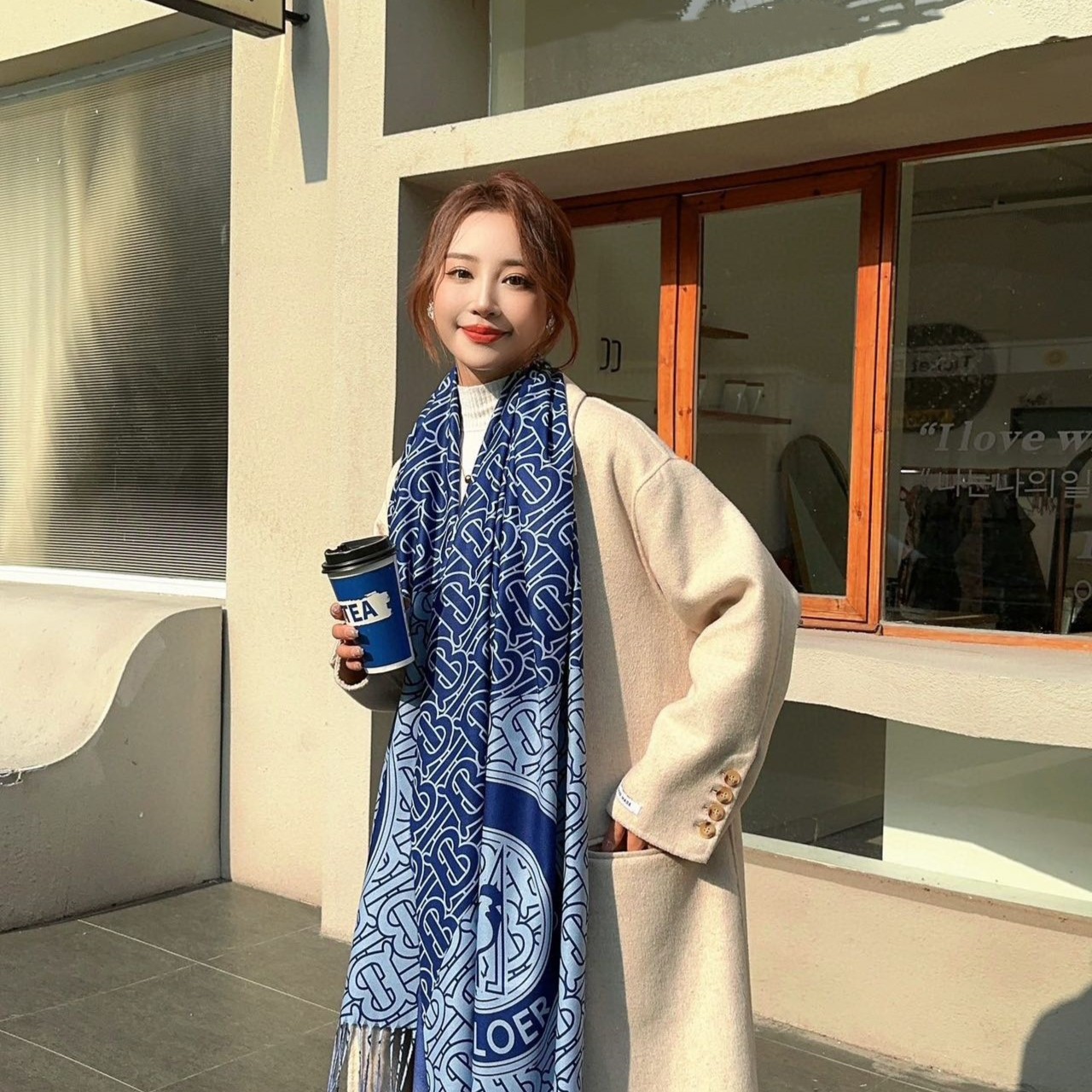 蓝色围巾时尚百搭春秋气质秋冬季民族风复古韩版印花欧美