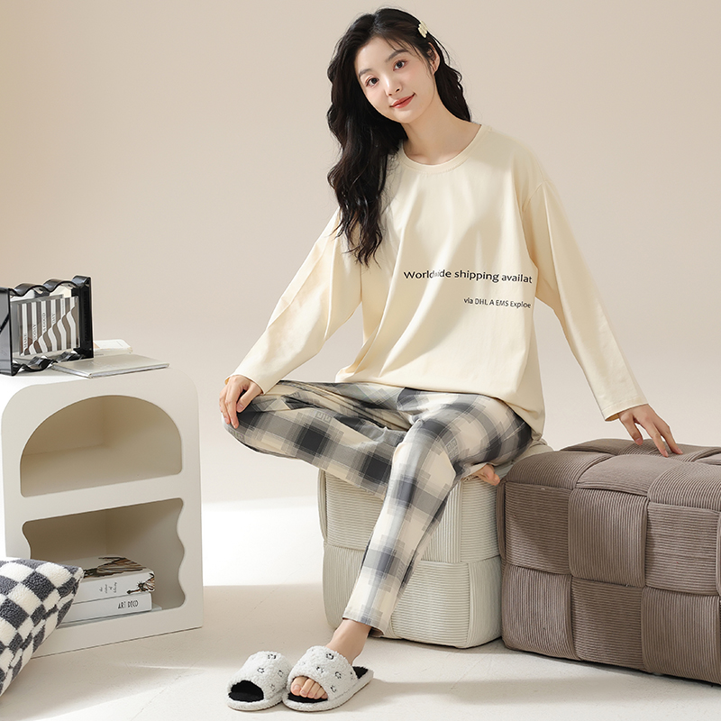 2023年春秋季新款长袖纯棉睡衣女士时尚休闲可外穿圆领家居服套装