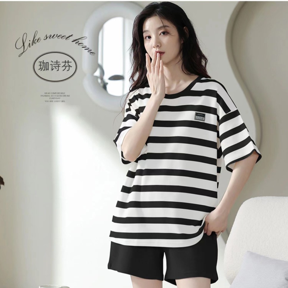 纯棉睡衣女士春夏季短袖短裤大码甜美薄款家居服休闲条纹圆领套装