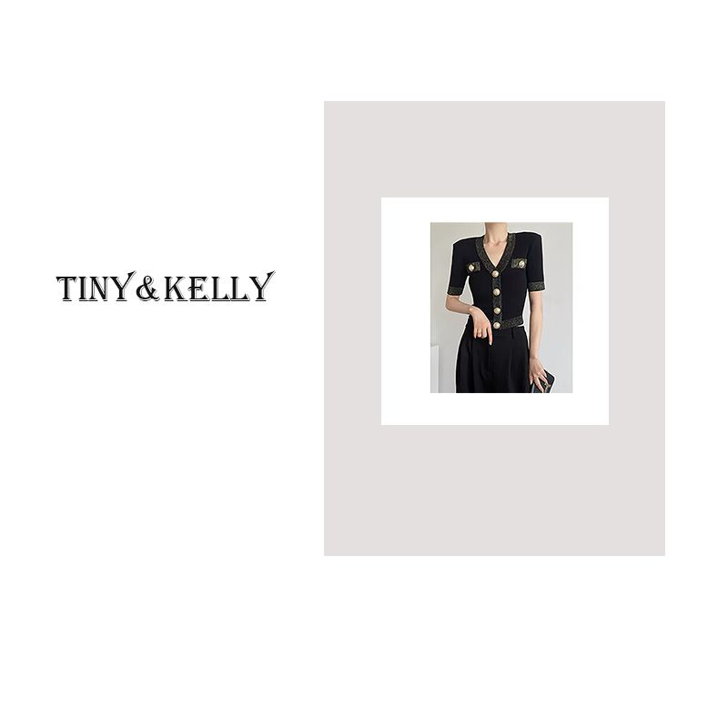tiny&kelly【金玉满堂】气质老钱风桑蚕丝天丝混纺针织短袖开衫上衣