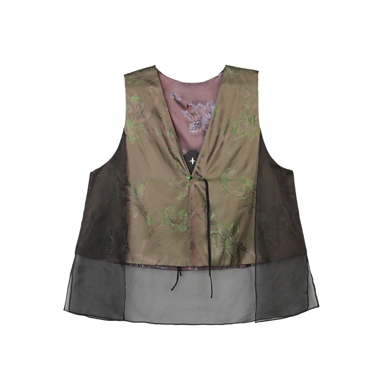 轮廓原创圆满马甲L243Y082拼接无袖新中式提花上衣国风绣花中式