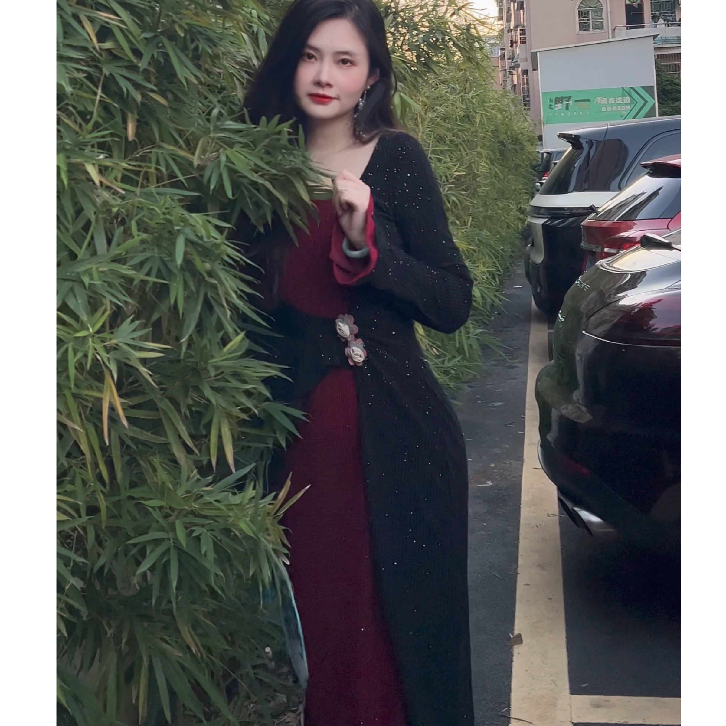泽蓓花 秋冬复古【夜星闪】新中式国风拼接假两件烫金显瘦连衣裙女