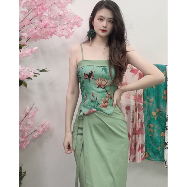 泽蓓花  复古新中式【莲花】国风吊带松紧上衣+一片式半身裙套装女