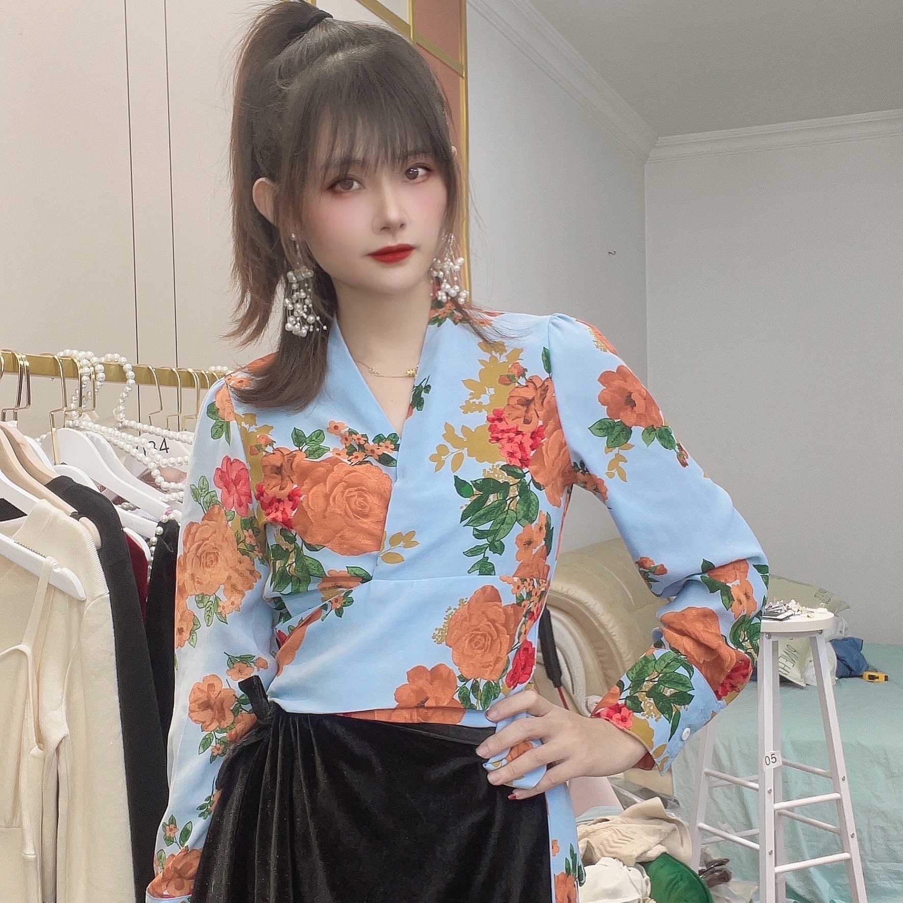 秋季新款复古花朵印花绑带长袖衬衫上衣女