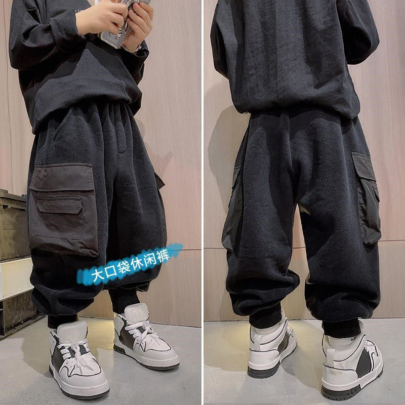 男童加绒裤子儿童休闲裤工装大童一体绒长裤宽松冬季炸街男孩童