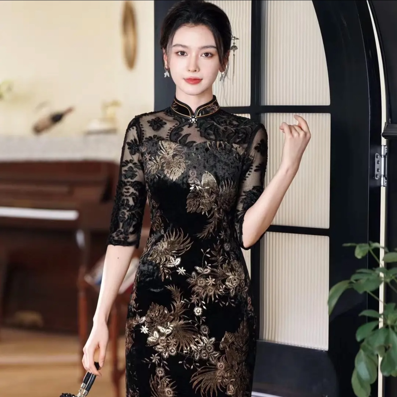春夏新款显瘦时尚蕾丝气质夏季黑色复古中长款修身日常网红中国风