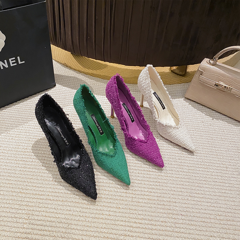 2025秋新款紫色小香风尖头小个子不累脚高跟鞋细跟浅口百搭女时尚