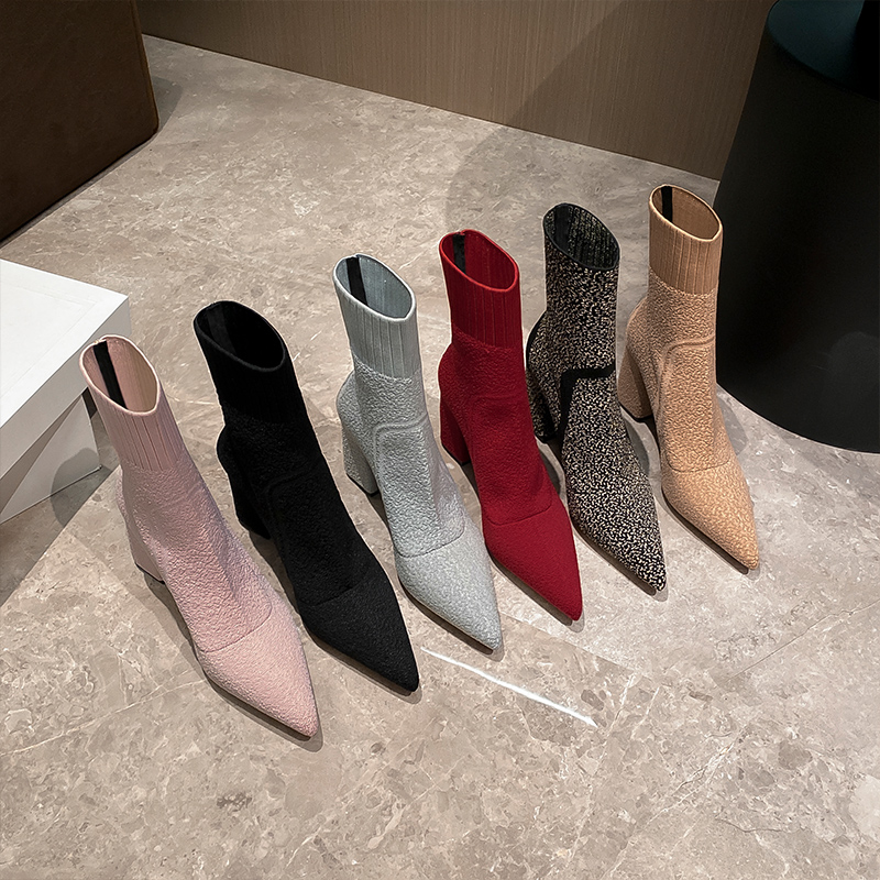 靴子女2025秋冬新款中筒百搭弹力袜靴女尖头粗跟高跟短筒瘦瘦靴女