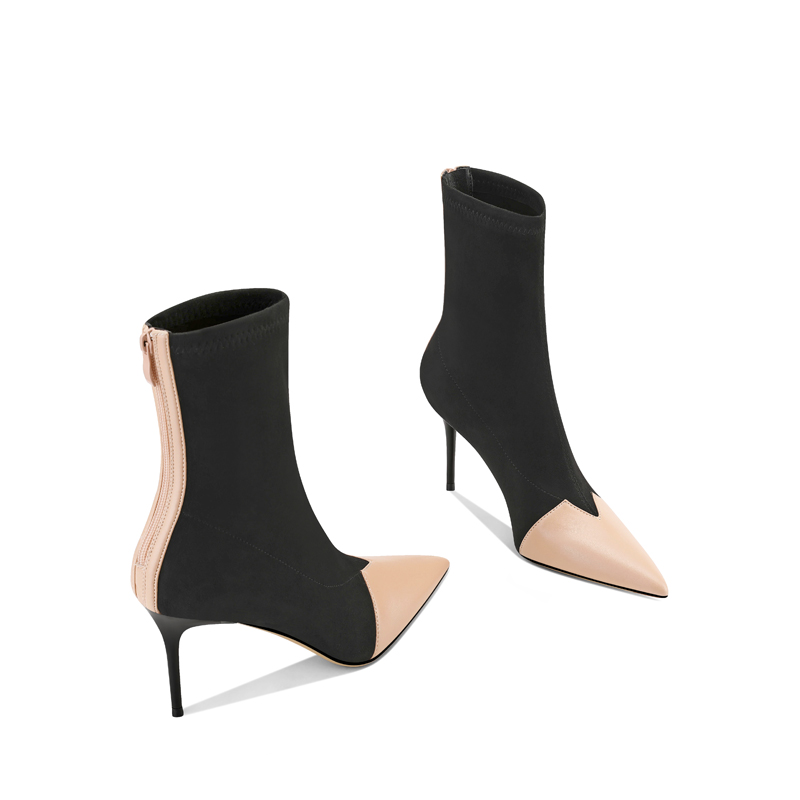 2025秋冬小个子新款拼色尖头中高跟细跟弹力短筒百搭瘦瘦女袜靴子