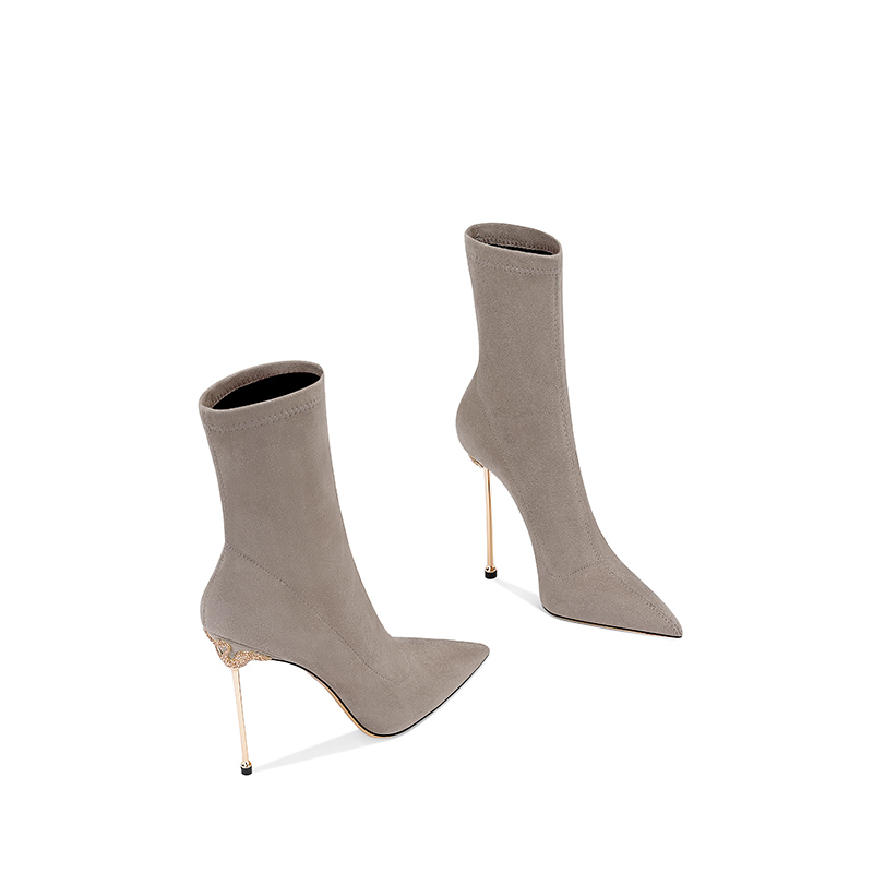 2025秋冬新款黑色时尚性感尖头金属细跟加绒弹力气质瘦瘦高跟短靴