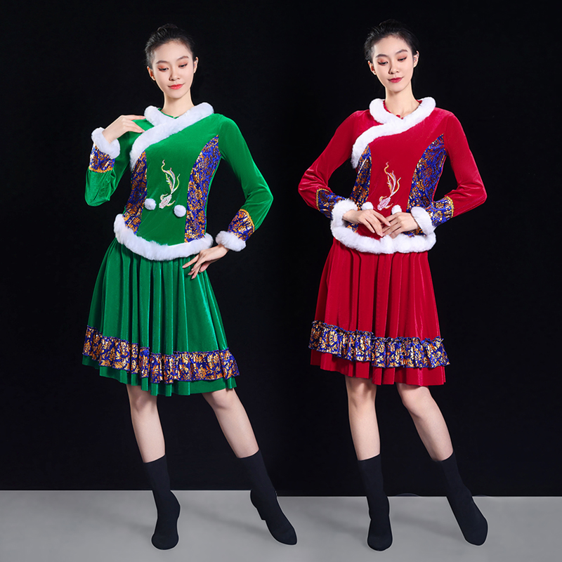 秋冬季新款金丝绒长袖民族风秧歌舞喜庆腰鼓舞蹈服大摆裙舞台表演