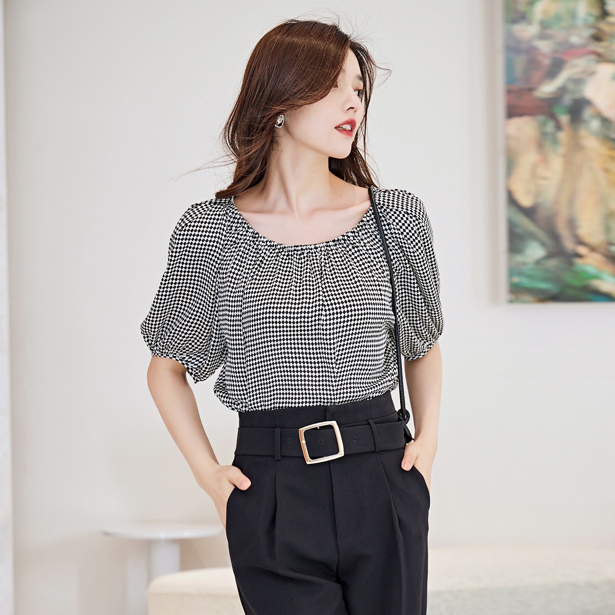 【达人专属】2024春季女黑白格宽松显瘦百搭通勤休闲上衣T恤