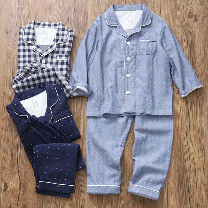 棉棉无侧缝多层棉纱格子高品质日单童装儿童棉家居服睡衣亲子