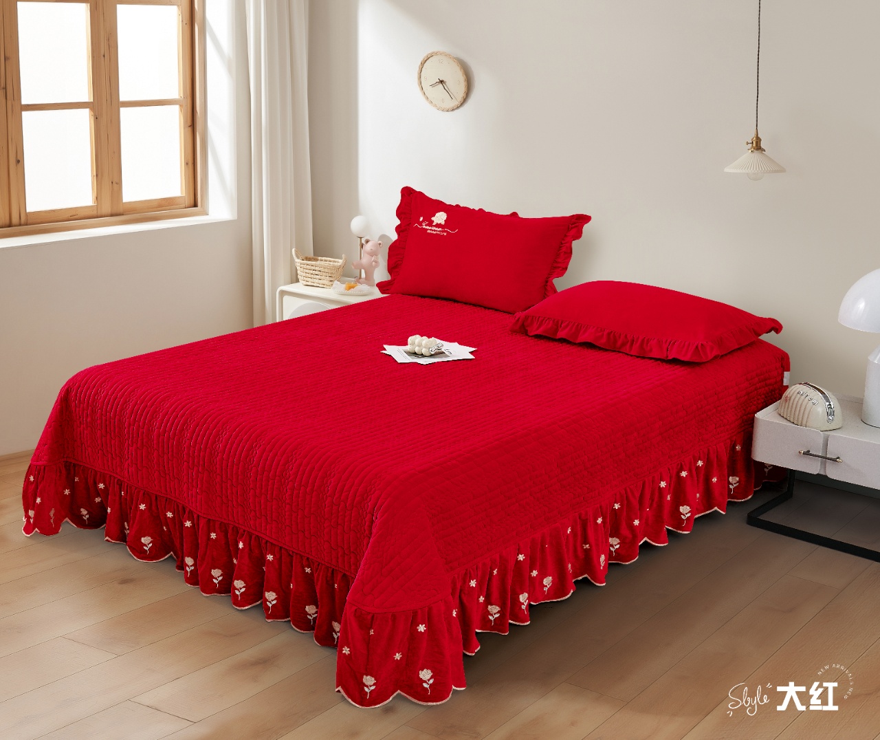 2024款 宝宝绒 婴儿绒 加棉 加厚 韩版绗缝 床裙刺绣款 单床盖
