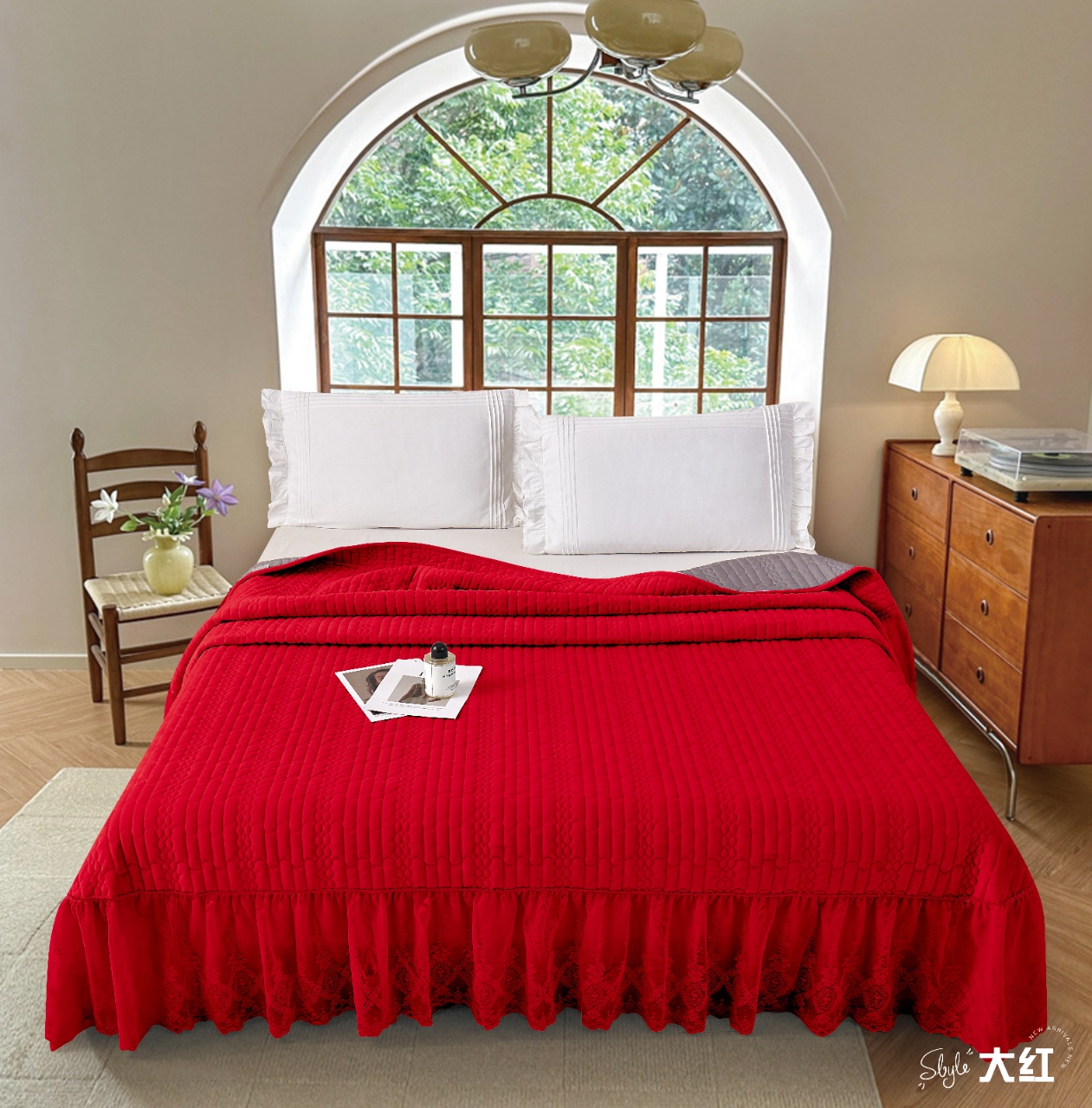 2024韩版新款 新款 纯色 加棉 加厚 绗缝 防滑 蕾丝床裙款 单床盖