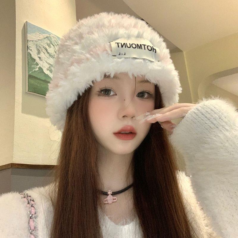 帽子女冬季毛线帽显脸小可爱条纹毛绒针织帽日系大头围保暖护耳帽