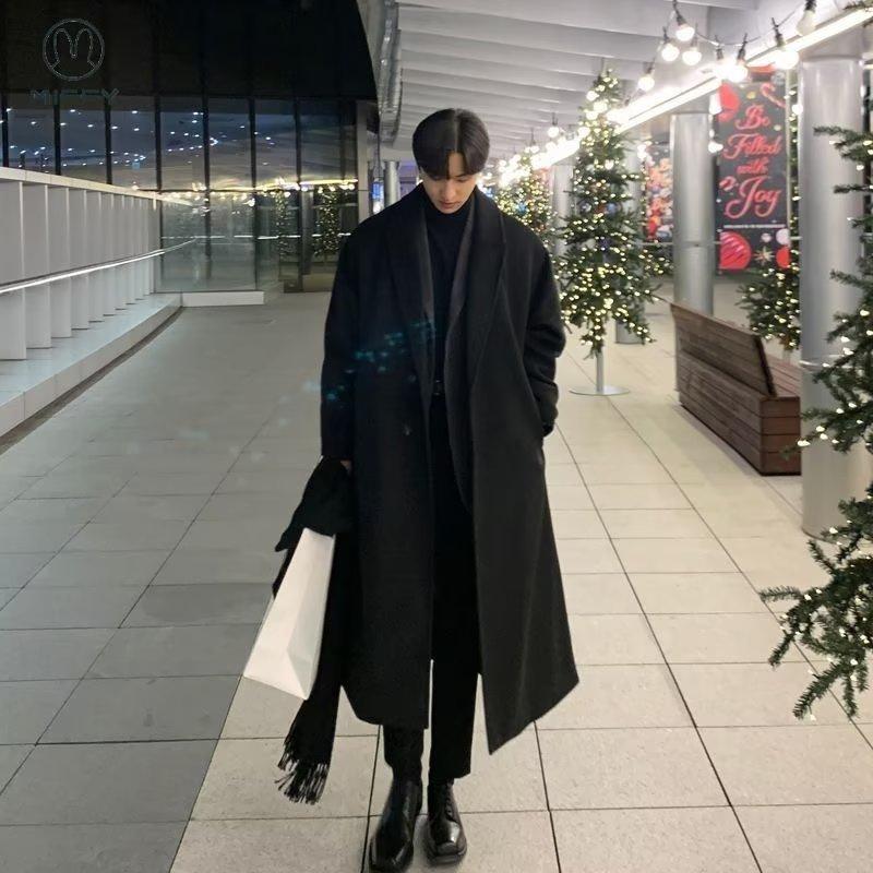 双面呢子大衣男长款过膝加休闲加厚外套妮子韩版潮流宽松毛呢风衣