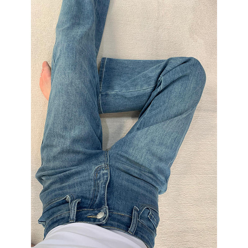 复古蓝窄版阔腿牛仔裤女小个子2025年春秋新款高腰显瘦直筒拖地裤