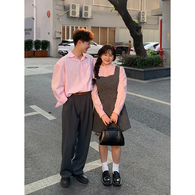 山_山【陷进温柔】微胖女装韩系小香裙拼接粉色衬衫假两件连衣裙女